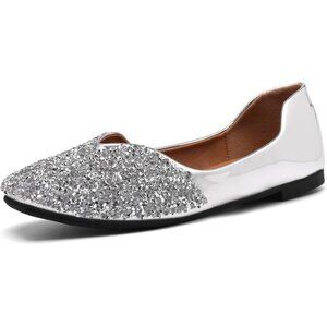Fsfdamai Flat Shoes Women Silver Leather Square Toe Bling Glitter Casual Shoes